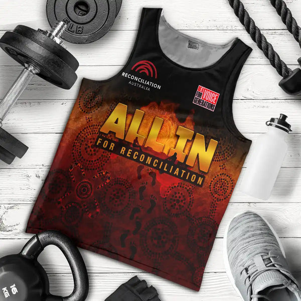 Tank top with 'All In for Reconciliation' design on a wooden floor with fitness equipment. NRW 2026 Men's Tank Top & Singlet - All In For Reconciliation, All In For Generations 1