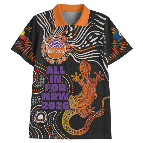 Colorful shirt with lizard design and text 'All in for NRW' on a white background. National Reconciliation Week 2026 Aboriginal Polo Shirt - All In For NRW Goanna Painting 1