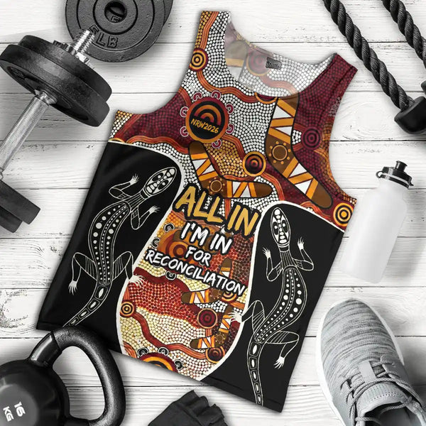 Tank top with reconciliation design on a wooden floor with fitness equipment. National Reconciliation Week 2026 Men's Tank Top & Singlet - I'm In For Reconciliation 1