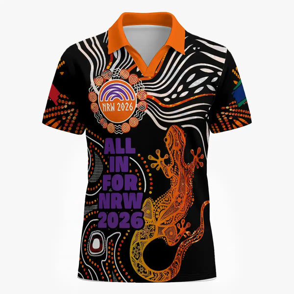 National Reconciliation Week 2026 V-Neck Polo Shirt - All In For NRW Goanna Painting 1