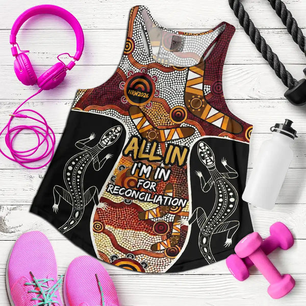 Tank top with Aboriginal design and text on a wooden surface with accessories. National Reconciliation Week 2026 Women's Tank Top & Singlet - I'm In For Reconciliation 1