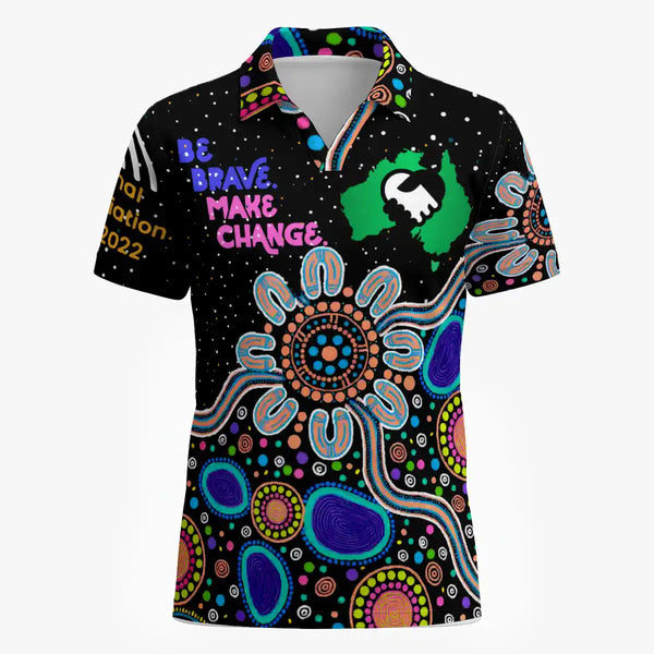 National Reconciliation Week V-Neck Polo Shirt - Be Brave. Make Change Black Aboriginal Patterns 1