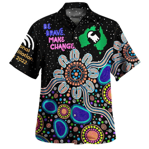 Aussie Dreamtime National Reconciliation Week 2022 Hawaiian Shirt - Be Brave. Make Change Black Aboriginal Patterns - View 4