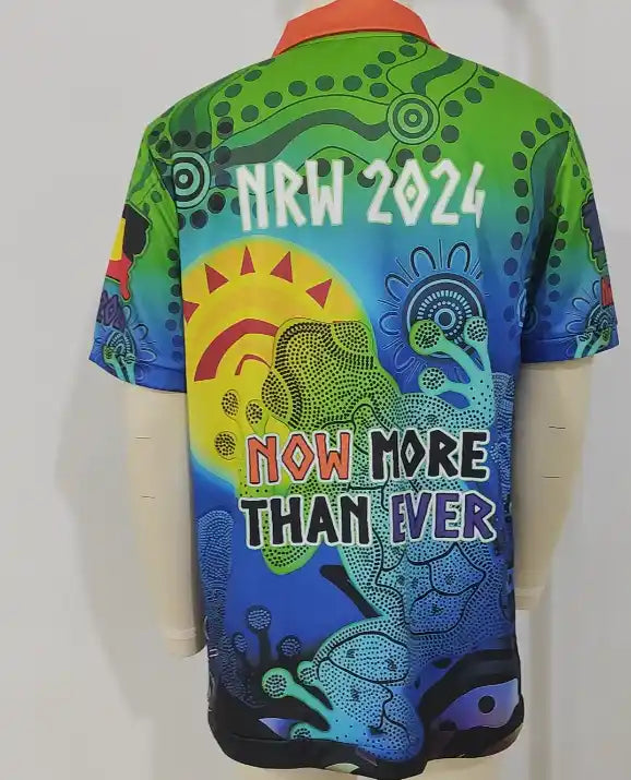 Colorful shirt with 'NRW 2024 Now More Than Ever' text on a mannequin against a white background