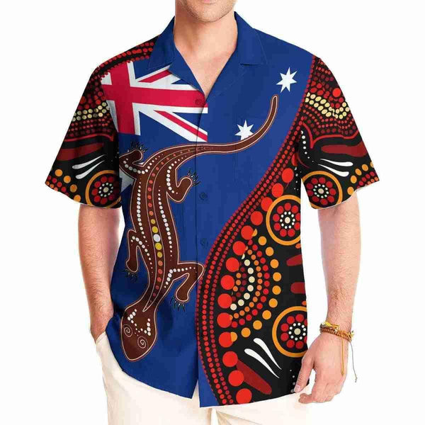 Aussie Dreamtime Australia Day Aboriginal Hawaiian Shirt - Australia Flag With Aboriginal Lizard - View 1