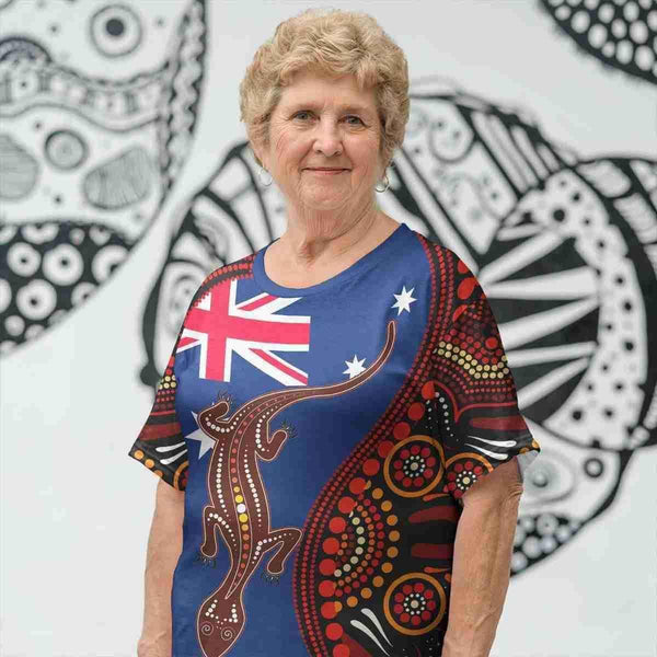 Aussie Dreamtime Australia Day Aboriginal T-shirt - Australia Flag With Aboriginal Lizard - View 1