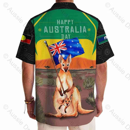 Aussie Dreamtime Australia Day Aboriginal Hawaiian Shirt - Mother and Baby Kangaroo With Uluru Landscape - View 2