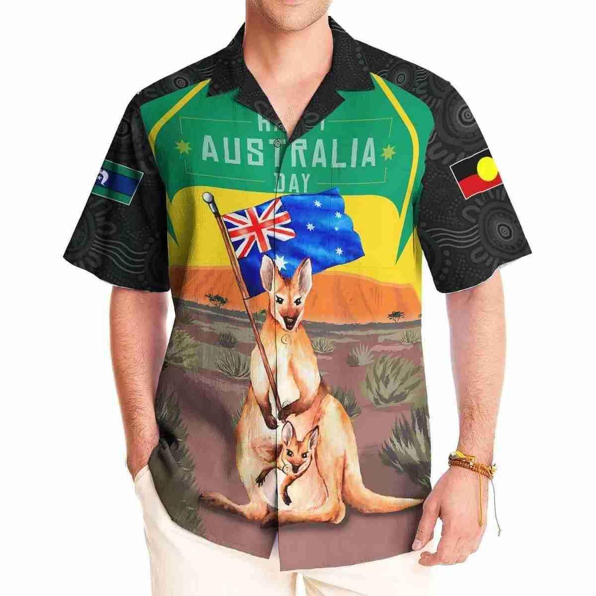 Aussie Dreamtime Australia Day Aboriginal Hawaiian Shirt - Mother and Baby Kangaroo With Uluru Landscape - View 1