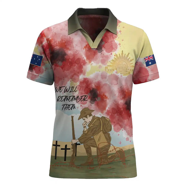 Aussie Dreamtime Australia Remembrance Day V-Neck Polo Shirt - We Will Remember Them - View 1