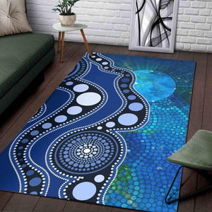 Aussie Dreamtime Aboriginal Area Rug - Indigenous Blue Sun Dot Art Unique Design