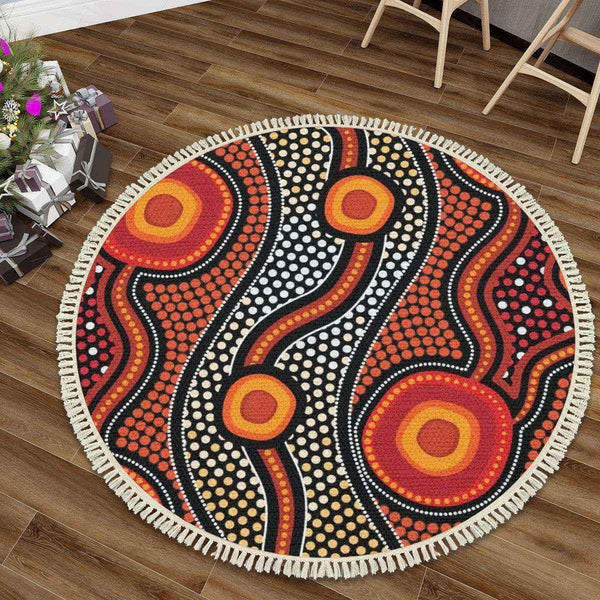 Aussie Dreamtime Australia Aboriginal Round Rug with Tassels - Dot Art Connection Concept - View 1