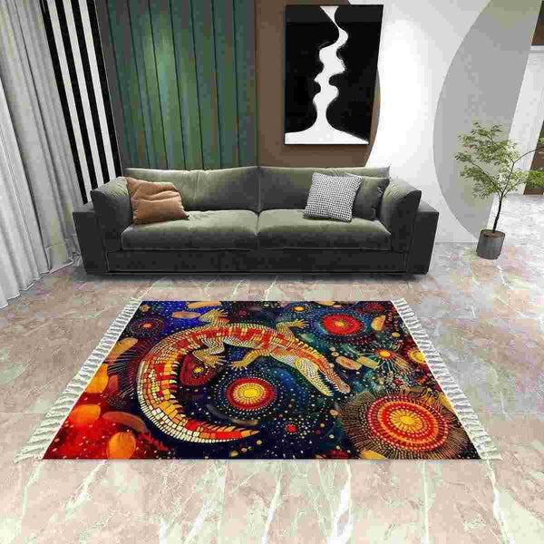 Aussie Dreamtime Australia Aboriginal Area Rug with Tassels - Crocodile in Aboriginal Dot Art Style - View 1