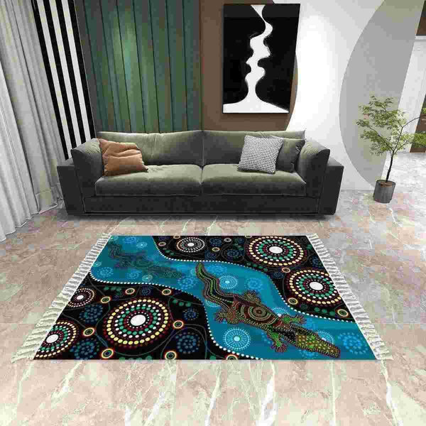 Aussie Dreamtime Australia Aboriginal Area Rug with Tassels - Aboriginal Dreamtime Crocodiles - View 1