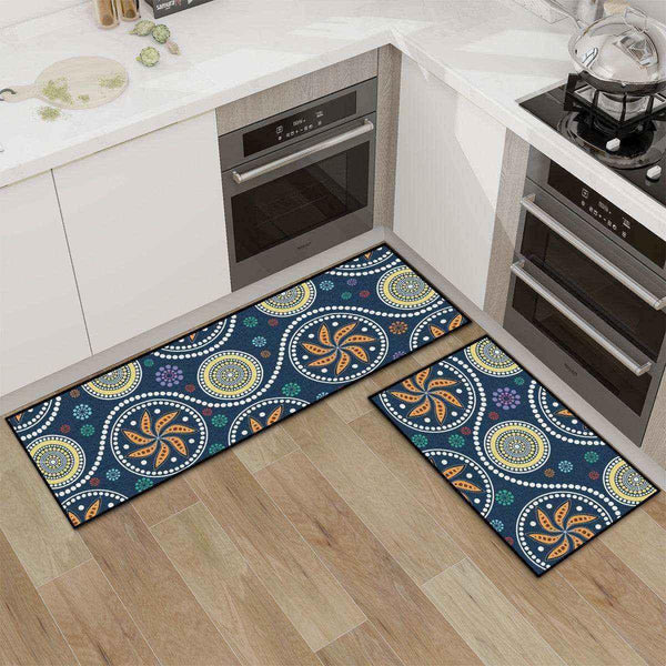 Aussie Dreamtime Australia Kitchen Area Rug Set - Aboriginal Dot Art Blue Floral Concept - View 1