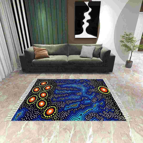 Aussie Dreamtime Australia Aboriginal Area Rug with Tassels - Blue Dreaming Night - View 1