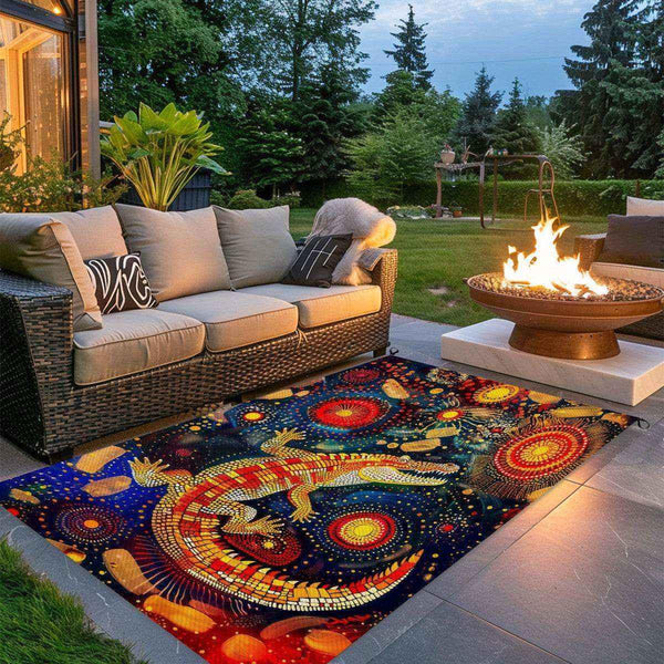 Aussie Dreamtime Australia Outdoor Plastic Straw Rug - Crocodile in Aboriginal Dot Art Style - View 1