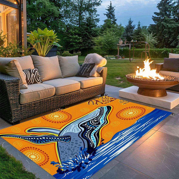 Aussie Dreamtime Australia Outdoor Plastic Straw Rug - Humpback Whale Breaching in the Ocean - View 1