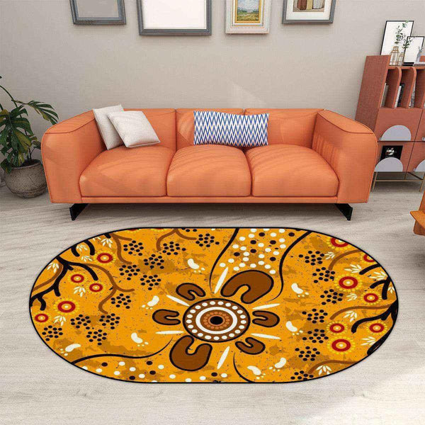 Aussie Dreamtime Australia Aboriginal Oval Area Rug - Indigenous Footprints And Flowers Painting - View 1
