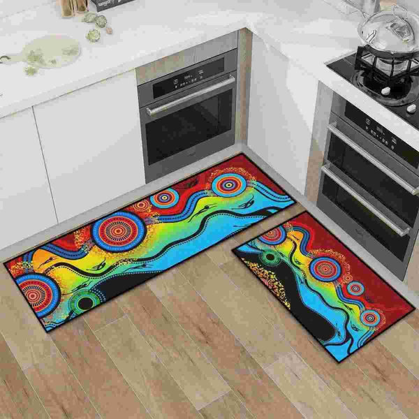 Aussie Dreamtime Australia Kitchen Area Rug Set - Indigenous Circle Patterns Blue Dream - View 1