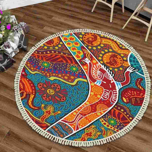 Aussie Dreamtime Australia Aboriginal Round Rug with Tassels - Indigenous Boomerang Dot Art Painting - View 1
