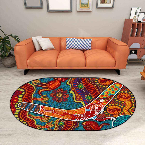 Aussie Dreamtime Australia Aboriginal Oval Area Rug - Indigenous Boomerang Dot Art Painting - View 1