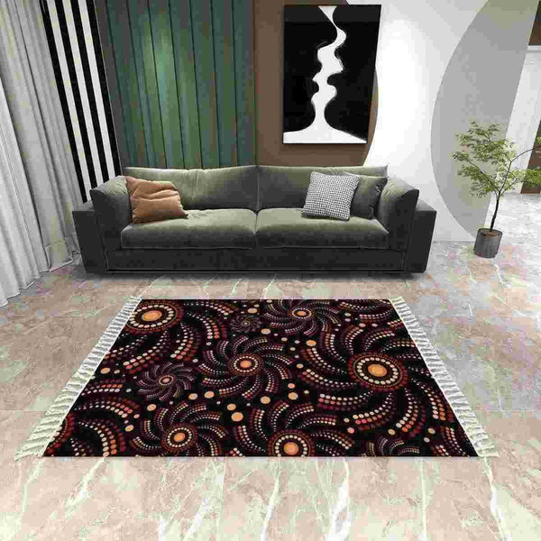 Aussie Dreamtime Australia Aboriginal Area Rug with Tassels - Aboriginal Pinwheel Concept - View 1