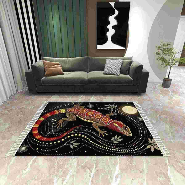 Aussie Dreamtime Australia Aboriginal Area Rug with Tassels - Lizard in dot art style with glowing moonlit - View 1