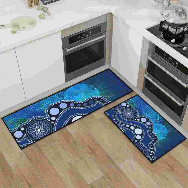 Aussie Dreamtime Australia Kitchen Area Rug Set - Indigenous Sun Dot Art Pattern Painting Blue - View 1