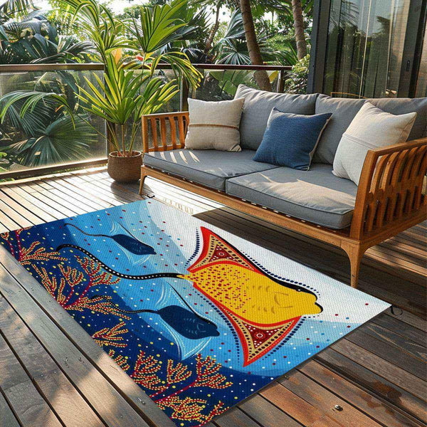 Aussie Dreamtime Australia Outdoor Plastic Straw Rug - Stingray Aboriginal art - View 1