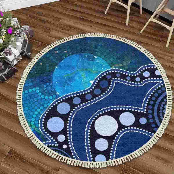 Aussie Dreamtime Australia Aboriginal Round Rug with Tassels - Indigenous Sun Dot Art Pattern Painting Blue - View 1