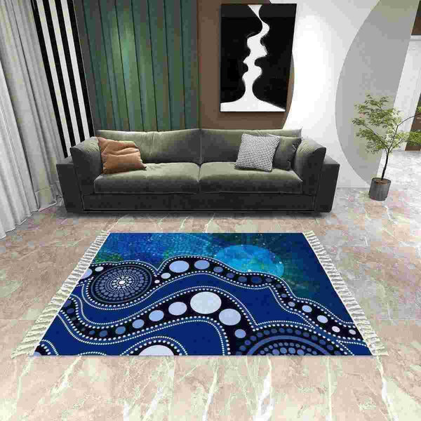 Aussie Dreamtime Australia Aboriginal Area Rug with Tassels - Indigenous Sun Dot Art Pattern Painting Blue - View 1