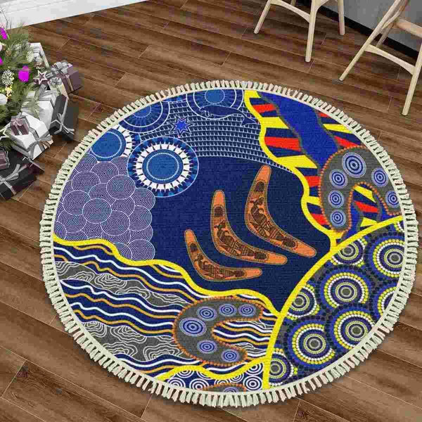 Aussie Dreamtime Australia Aboriginal Round Rug with Tassels - Beautiful Dot Art Concept With Boomerangs - View 1