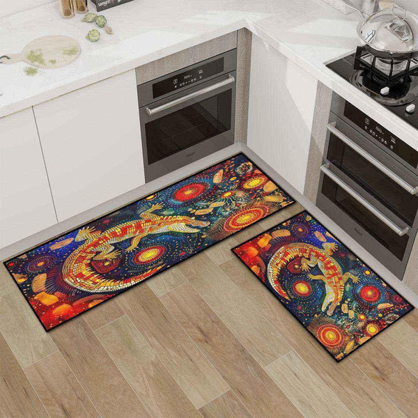 Aussie Dreamtime Australia Kitchen Area Rug Set - Crocodile in Aboriginal Dot Art Style - View 1