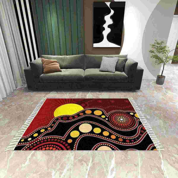 Aussie Dreamtime Australia Aboriginal Area Rug with Tassels - Indigenous Sun Circle Dot Painting Art - View 1