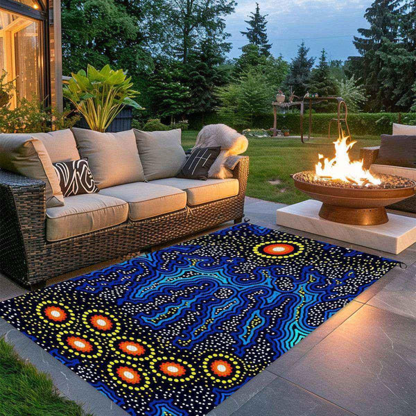 Aussie Dreamtime Australia Outdoor Plastic Straw Rug - Aboriginal Dot Art Night-Sky Dreaming - View 1