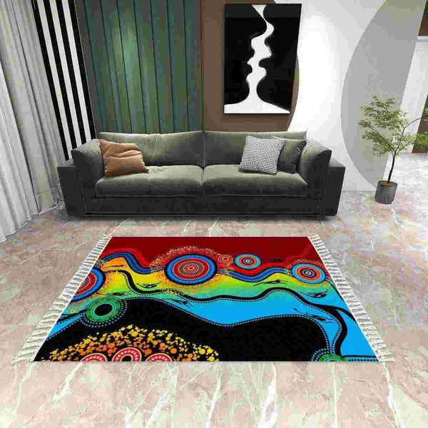Aussie Dreamtime Australia Aboriginal Area Rug with Tassels - Indigenous Circle Patterns Blue Dream - View 1