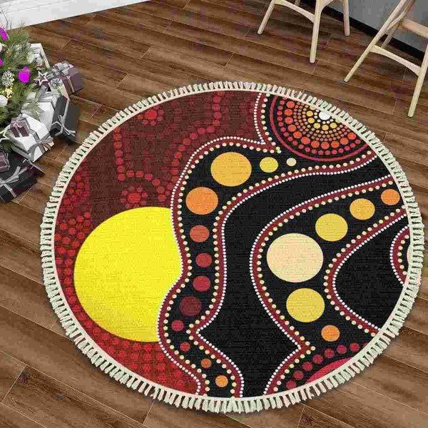 Aussie Dreamtime Australia Aboriginal Round Rug with Tassels - Indigenous Sun Circle Dot Painting Art - View 1