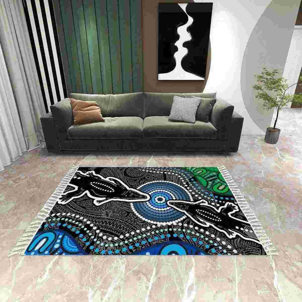 Aussie Dreamtime Australia Aboriginal Area Rug with Tassels - Crocodiles Dot Art Connection Concept - View 1