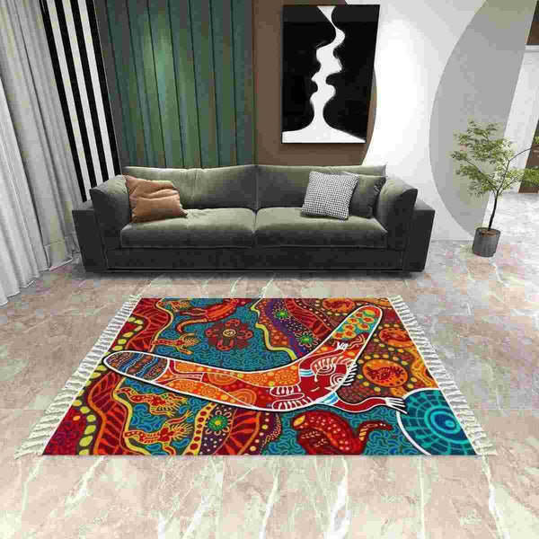 Aussie Dreamtime Australia Aboriginal Area Rug with Tassels - Indigenous Boomerang Dot Art Painting - View 1