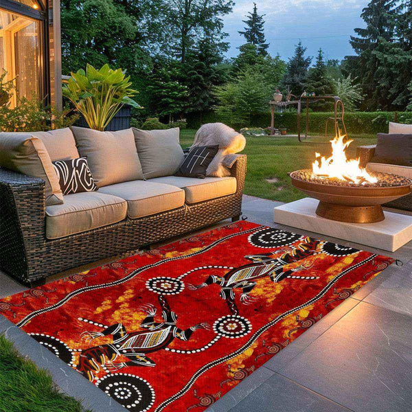 Aussie Dreamtime Australia Outdoor Plastic Straw Rug - Aboriginal Dot Art Crocodiles - View 1
