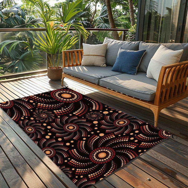 Aussie Dreamtime Australia Outdoor Plastic Straw Rug - Aboriginal Pinwheel Concept - View 1