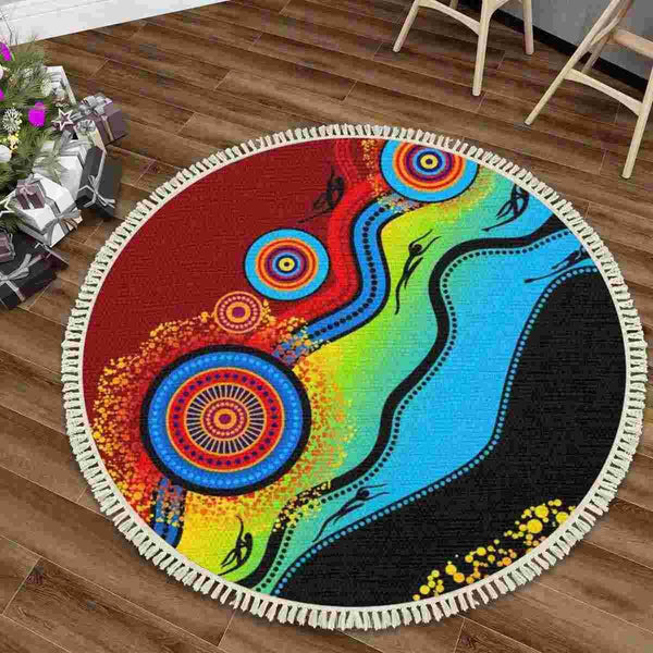 Aussie Dreamtime Australia Aboriginal Round Rug with Tassels - Indigenous Circle Patterns Blue Dream - View 1