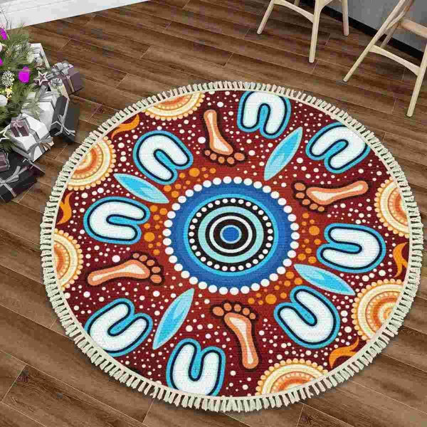 Aussie Dreamtime Australia Aboriginal Round Rug with Tassels - Indigenous Circle Dot Art Footprints Painting - View 1