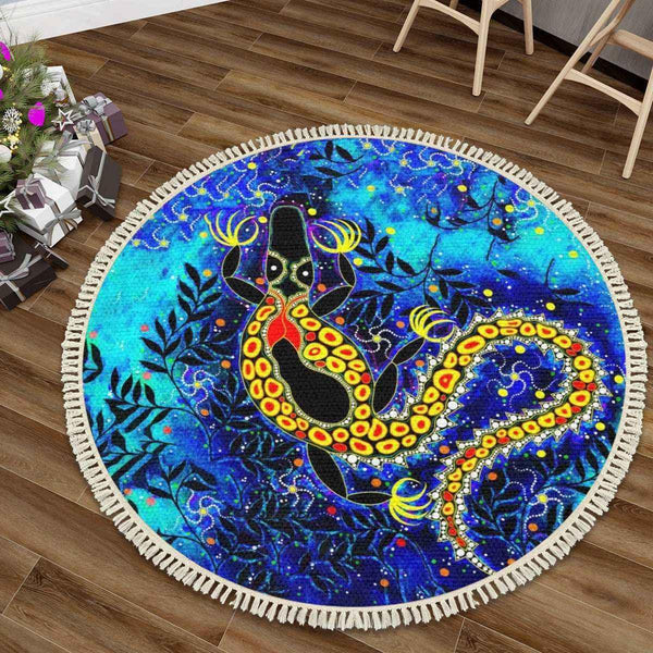 Aussie Dreamtime Australia Aboriginal Round Rug with Tassels - Dreamtime Crocodile Artwork - View 1