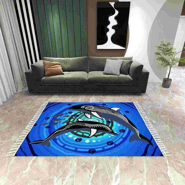 Aussie Dreamtime Australia Aboriginal Area Rug with Tassels - Mother and baby Dolphin Aboriginal artwork - View 1
