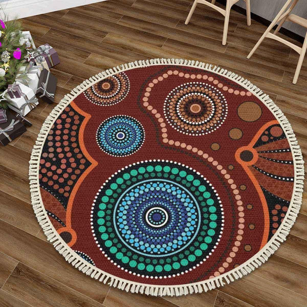 Aussie Dreamtime Australia Aboriginal Round Rug with Tassels - Aboriginal Dot Art Painting Concept - View 1