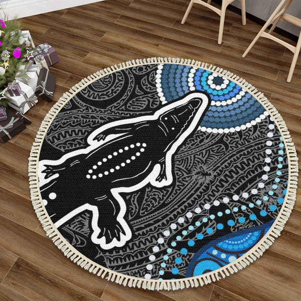Aussie Dreamtime Australia Aboriginal Round Rug with Tassels - Crocodiles Dot Art Connection Concept - View 1