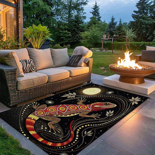 Aussie Dreamtime Australia Outdoor Plastic Straw Rug - Lizard in dot art style with glowing moonlit - View 1