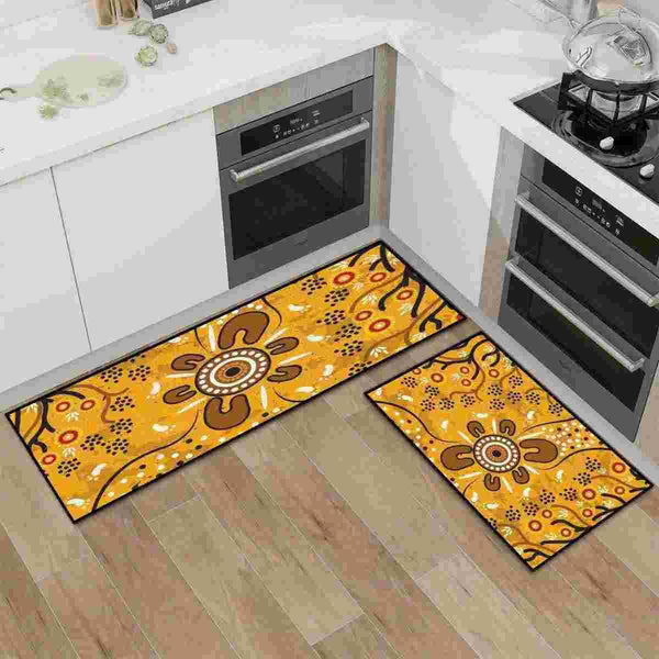 Aussie Dreamtime Australia Kitchen Area Rug Set - Indigenous Footprints And Flowers Painting - View 1