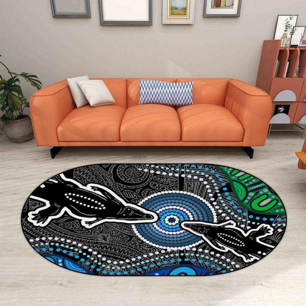 Aussie Dreamtime Australia Aboriginal Oval Area Rug - Crocodiles Dot Art Connection Concept - View 1